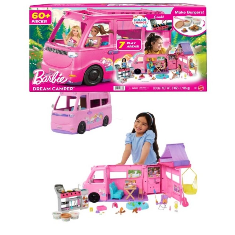 Barbie Dream Camper Playset Tent, Swing, Grill Color-Change & 60++⌚📦🏃💨🚚